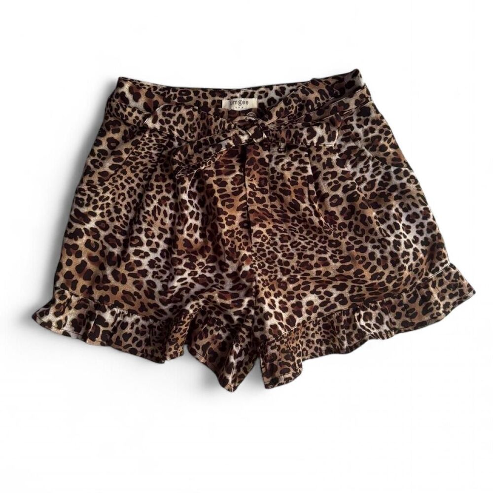 Umgee Womens S Leopard Cheetah Print Shorts Ruffled Hem Belted High Waist Boho